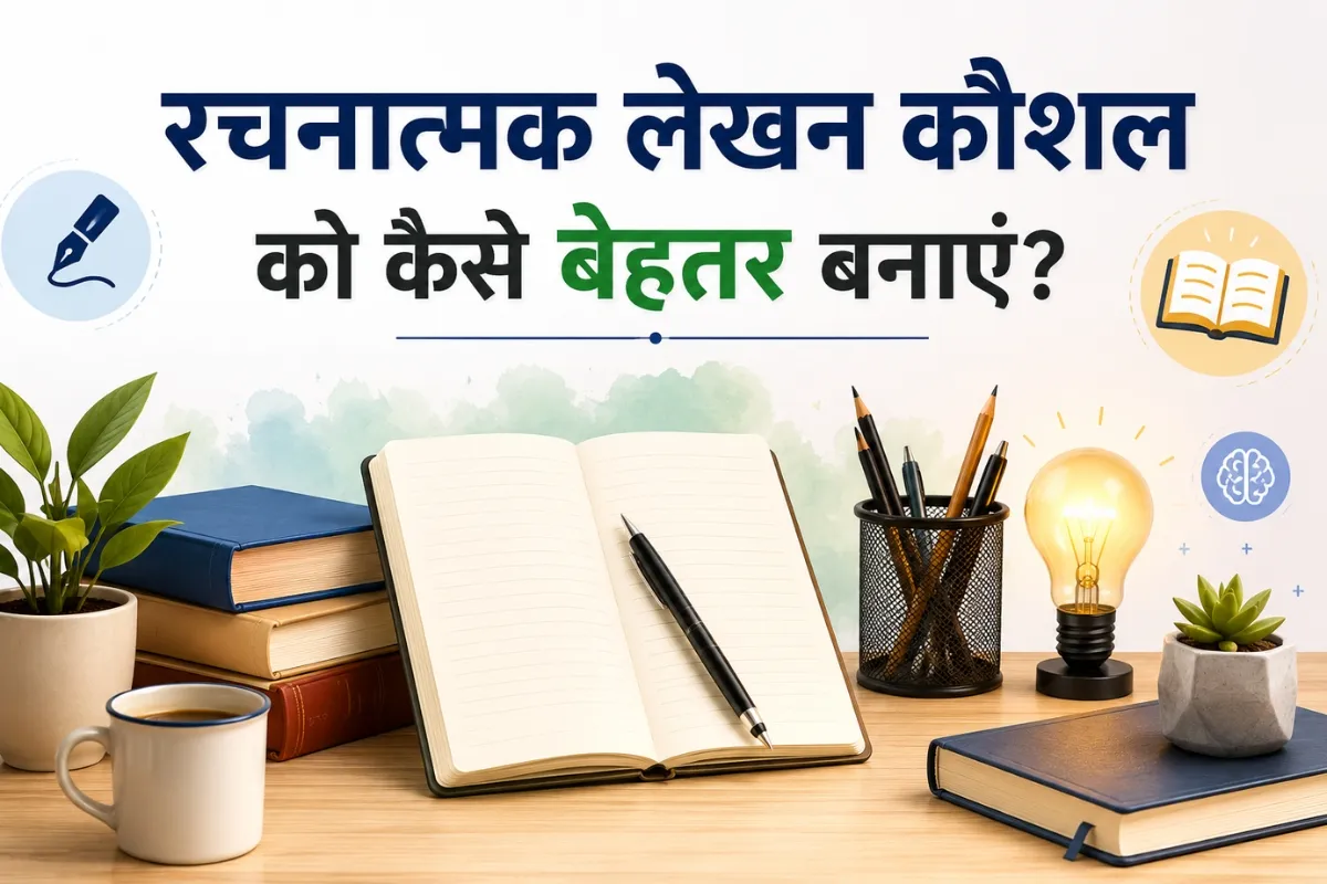 रचनात्मक लेखन कौशल को कैसे बेहतर बनाएं विषय पर आकर्षक चित्र, जिसमें खुली नोटबुक, किताबें, पेन, पौधे और आइडिया दर्शाने वाला बल्ब शामिल है।