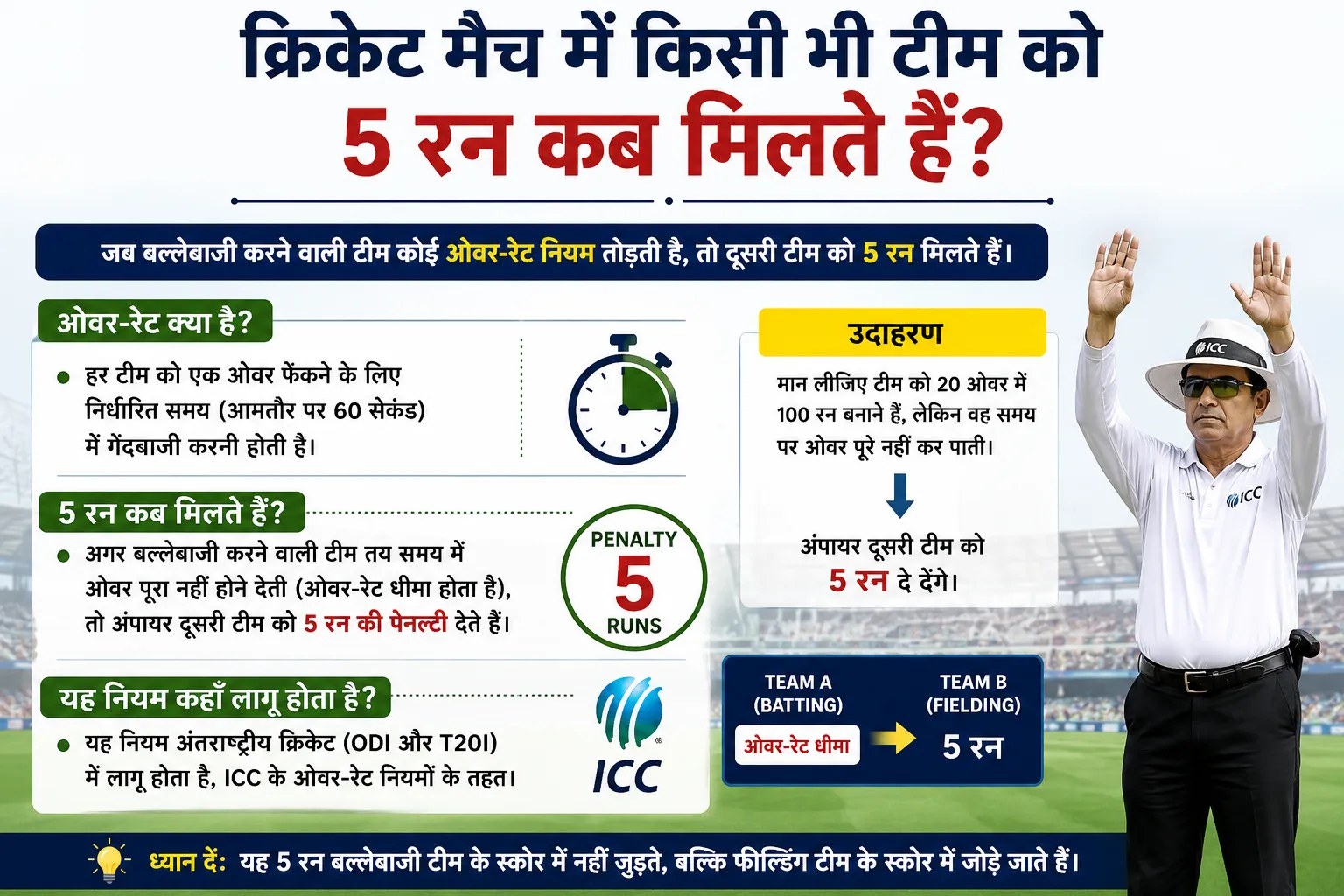 क्रिकेट मैच में किसी भी टीम को 5 रन कब मिलते हैं - ICC 5 रन पेनल्टी नियम इन्फोग्राफिक