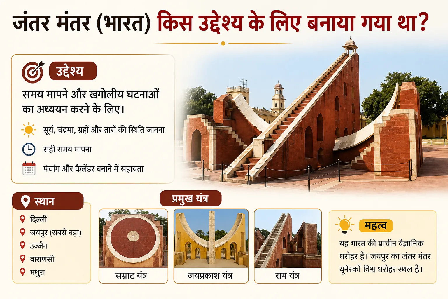 जंतर मंतर जयपुर की वेधशाला, जिसका निर्माण समय मापने और खगोलीय घटनाओं का अध्ययन करने के लिए किया गया था।