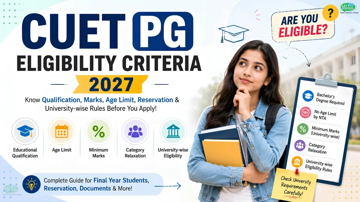CUET PG Eligibility Criteria 2027 feature image showing a student with books alongside highlights of qualification, age limit, minimum marks, reservation, and university-wise eligibility rules.