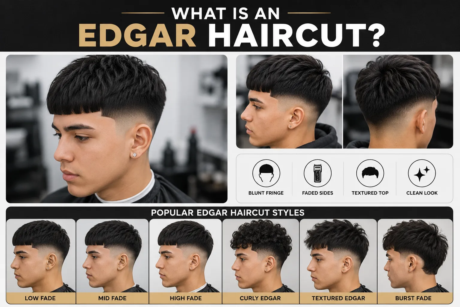 Infographic showing the Edgar haircut with front, side, and back views plus popular Edgar haircut styles.