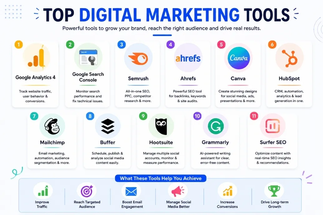 Infographic showing the top digital marketing tools, including Google Analytics 4, Google Search Console, Semrush, Ahrefs, Canva, HubSpot, Mailchimp, Buffer, Hootsuite, Grammarly, and Surfer SEO.