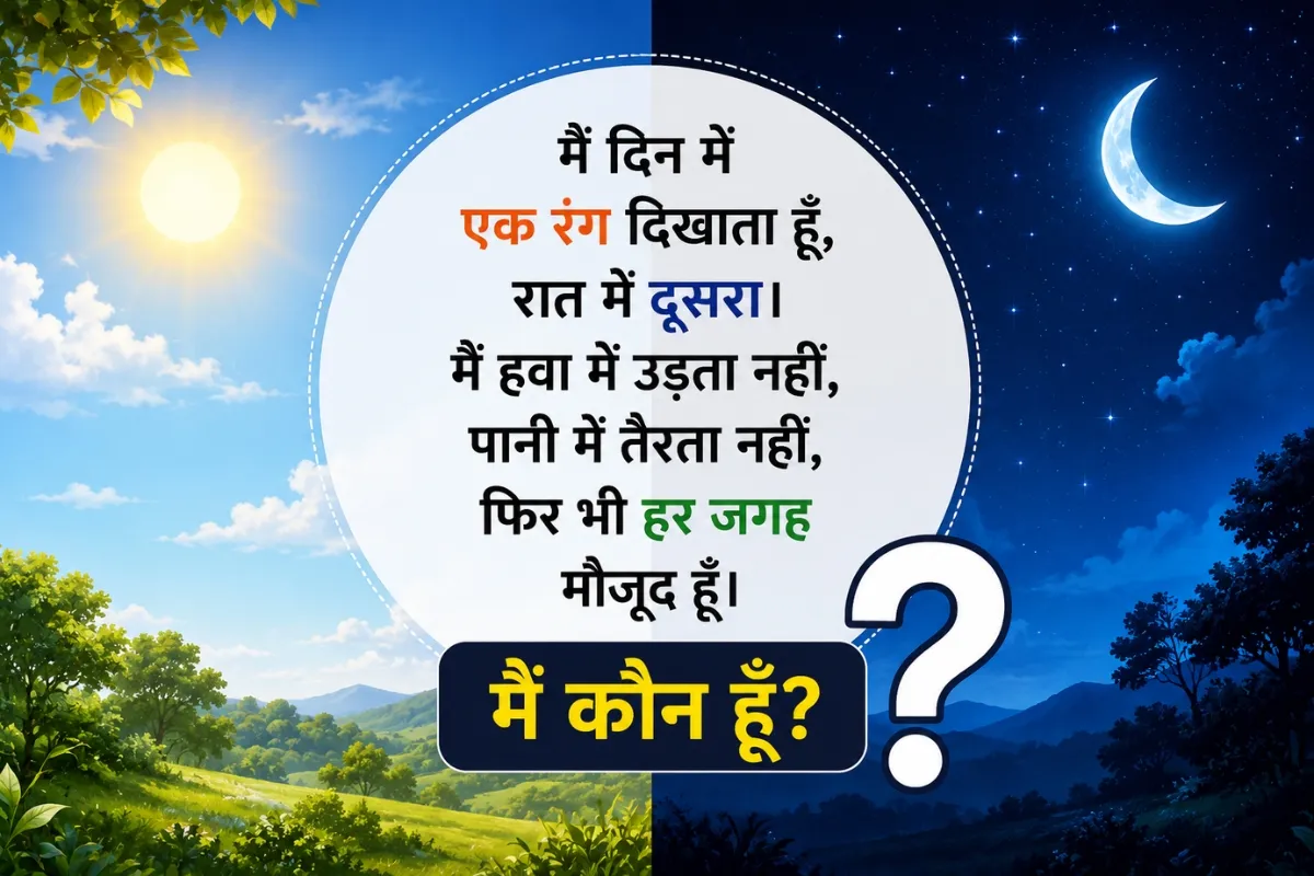 दिन और रात के बदलते आसमान को दर्शाती पहेली की आकर्षक चित्रात्मक छवि, जिसमें सूर्य, चाँद और प्रश्नचिह्न के माध्यम से उत्तर का अनुमान लगाने का संकेत दिया गया है।