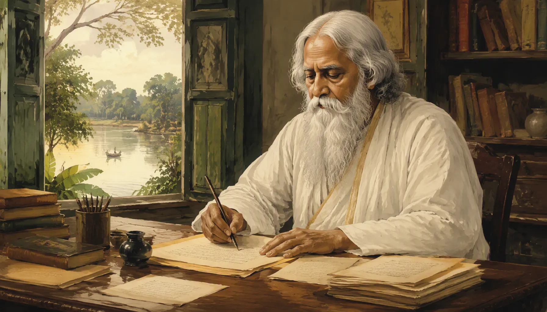Rabindranath Tagore writing poetry at a wooden desk surrounded by books and manuscripts, with a peaceful river landscape visible through the window.