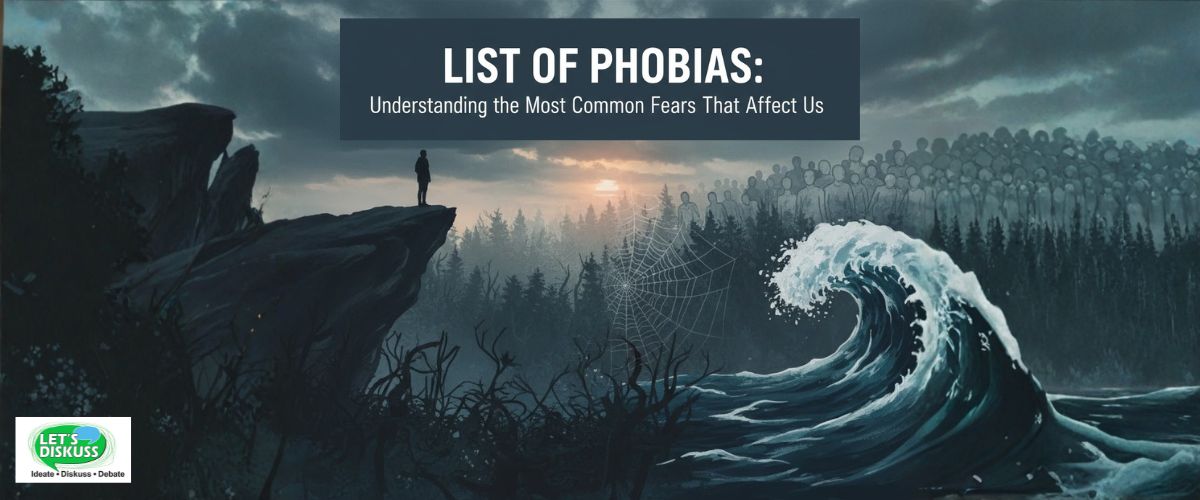 Illustration showing various common phobias like fear of heights, darkness, spiders, and flying with calm background visuals.