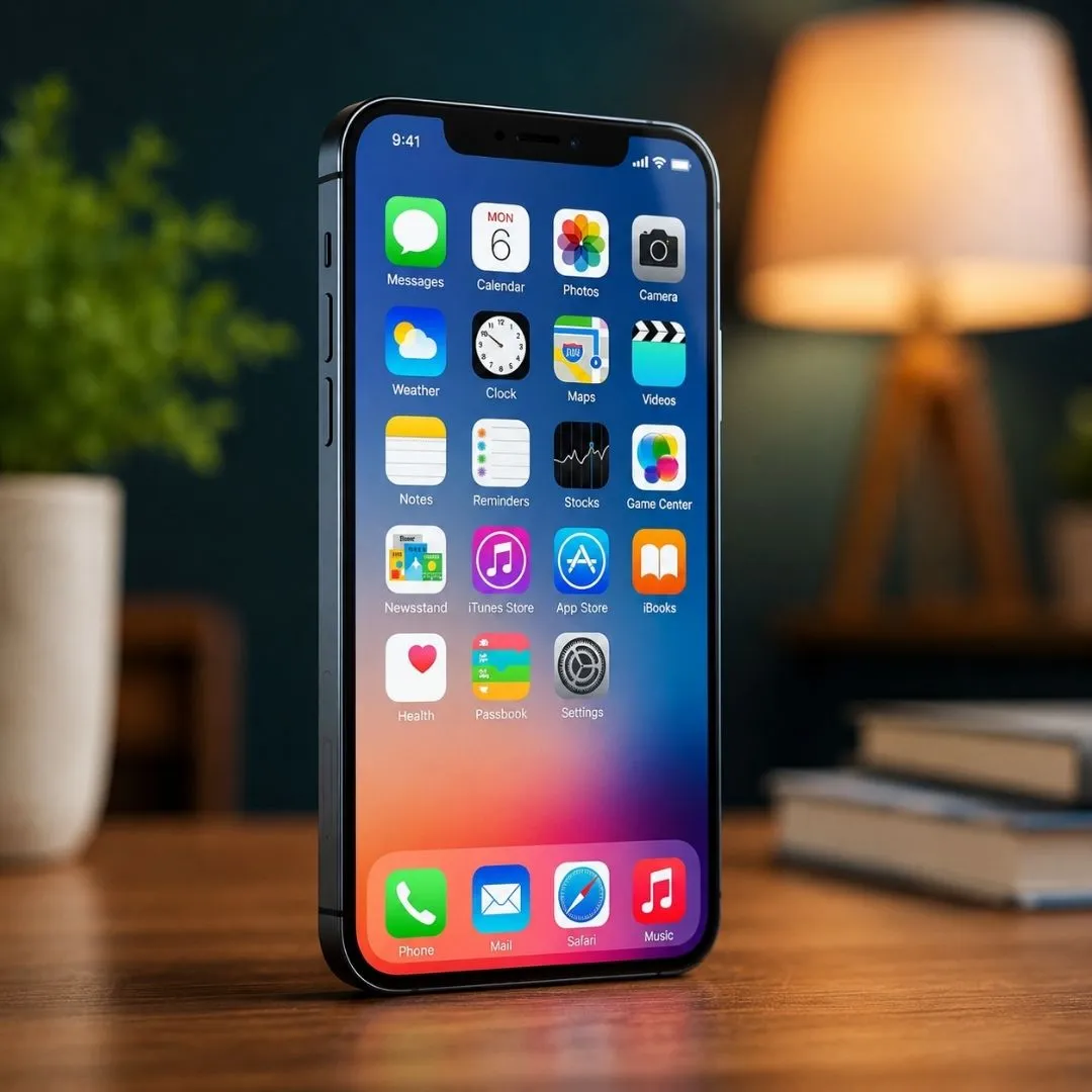 Clean square image of a modern smartphone with a sleek design placed in a minimal indoor setting.