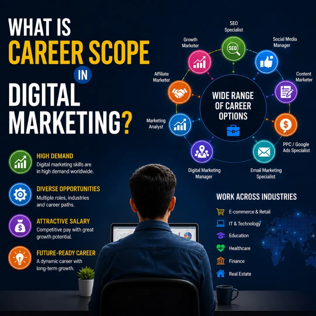 Career scope in digital marketing infographic showing job opportunities, skills, salary potential, and career growth.