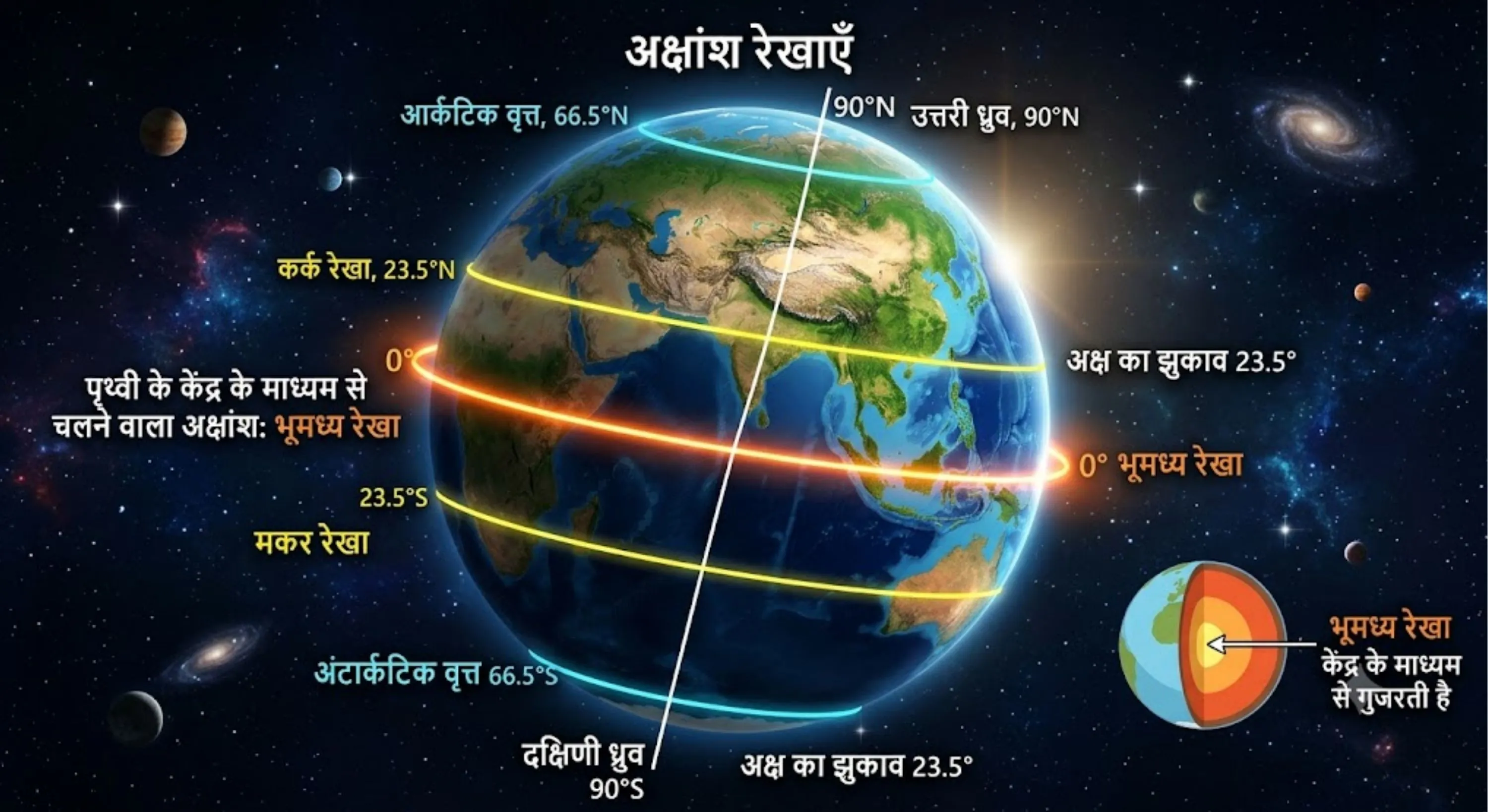 पृथ्वी के केंद्र के माध्यम से चलने वाला अक्षांश भूमध्य रेखा (0° अक्षांश) है।