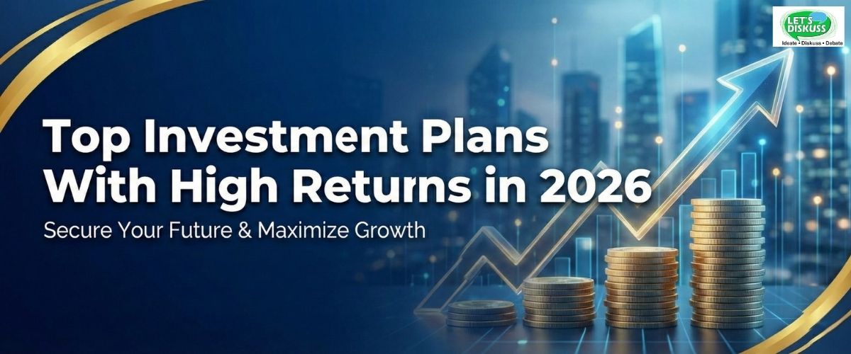 Financial growth chart with rising arrows and investment icons representing top high-return investment plans for 2026