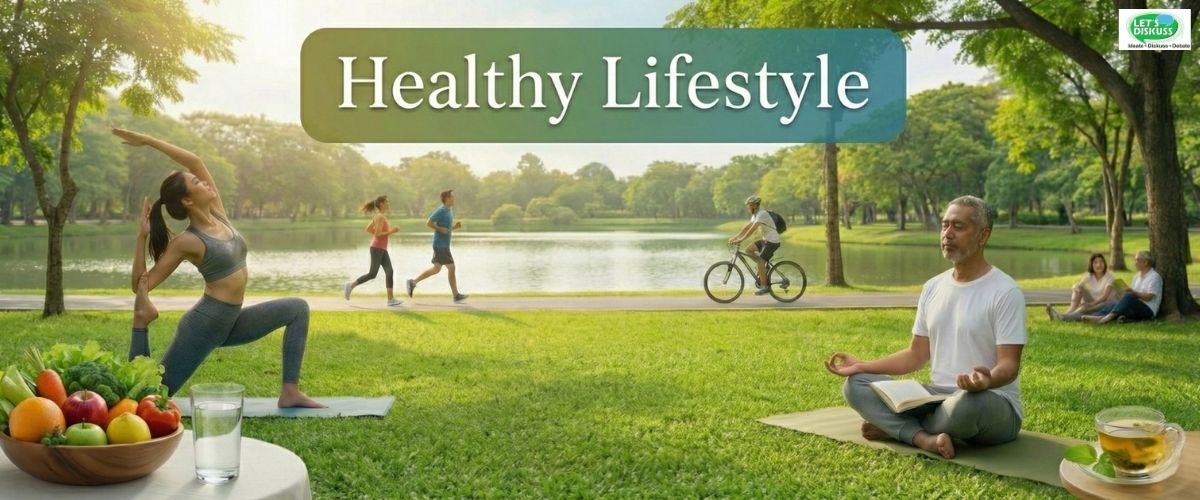 Healthy lifestyle concept featuring balanced food, mindful habits, and wellness elements promoting nourishment for body and mind.