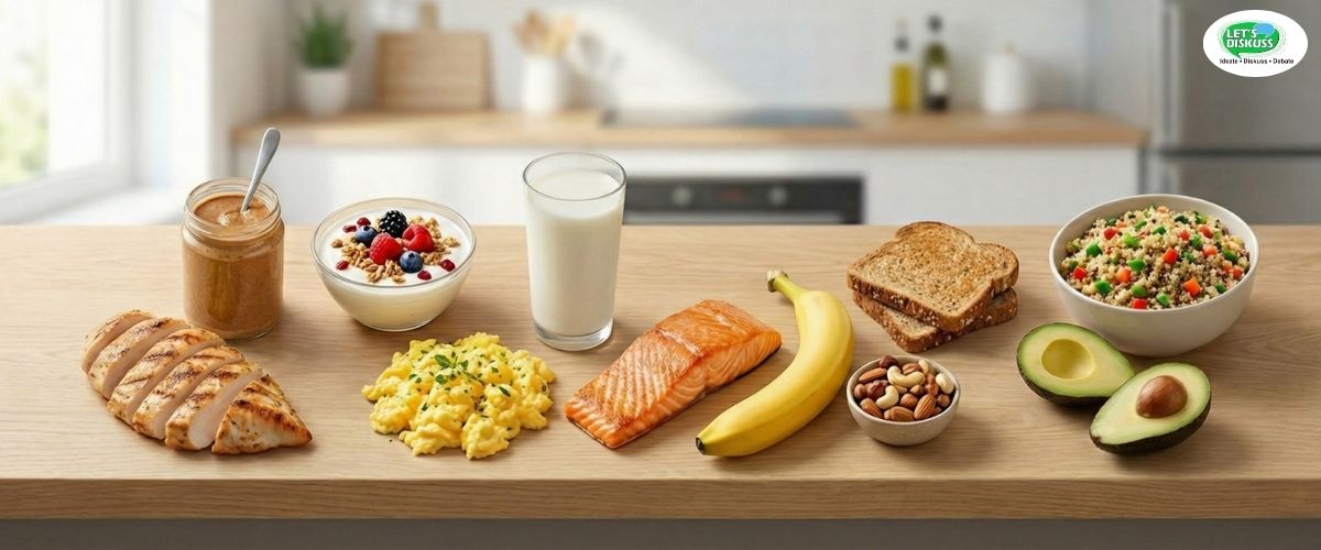 Illustration of nutritious high-calorie foods and a person planning healthy weight gain with balanced meals.