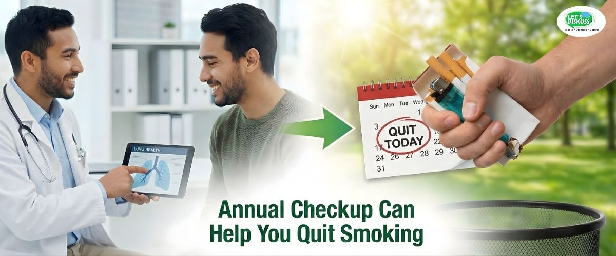 Doctor reviewing a patient’s annual checkup results while discussing support and guidance to help quit smoking.