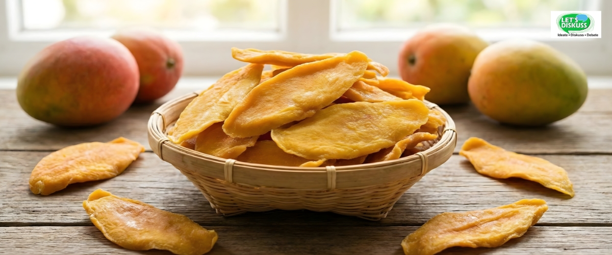 Bowl of dried mango slices showing their bright color, chewy texture, and natural sweetness as a healthy snack option choice fit