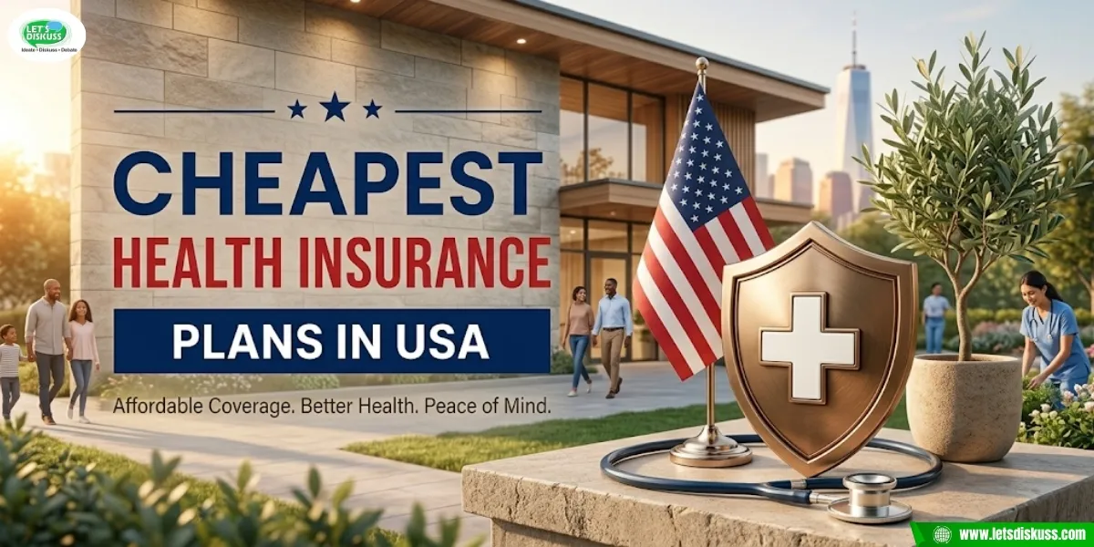 Affordable health insurance USA banner with shield, stethoscope, American flag, modern home background, happy family, and bold text promoting cheapest plans and coverage benefits