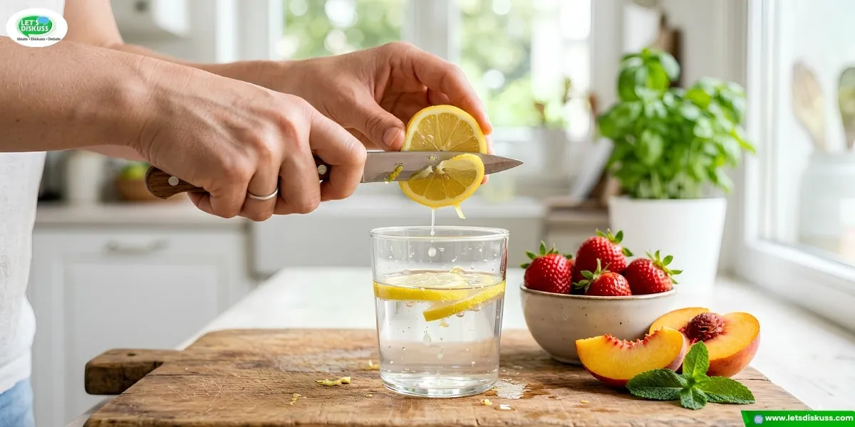 Hands slicing a fresh lemon over water with strawberries and a peach nearby, representing the best low-sugar fruits for diabetics to manage blood sugar.