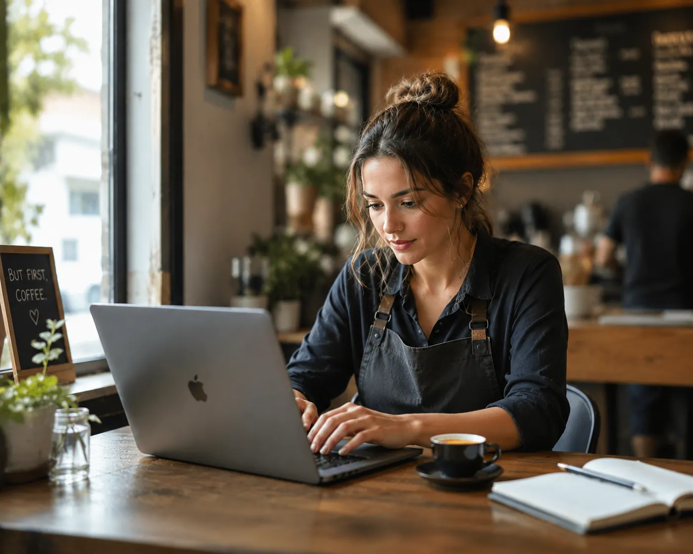 Girl sitting on desk an on apple laptop