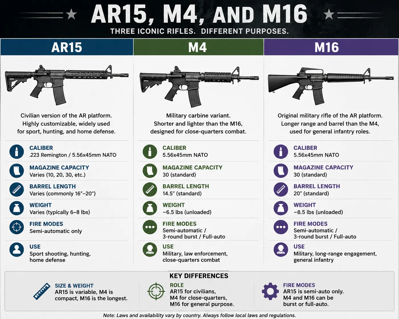 Difference between an AR15, M4, and M16 rifle