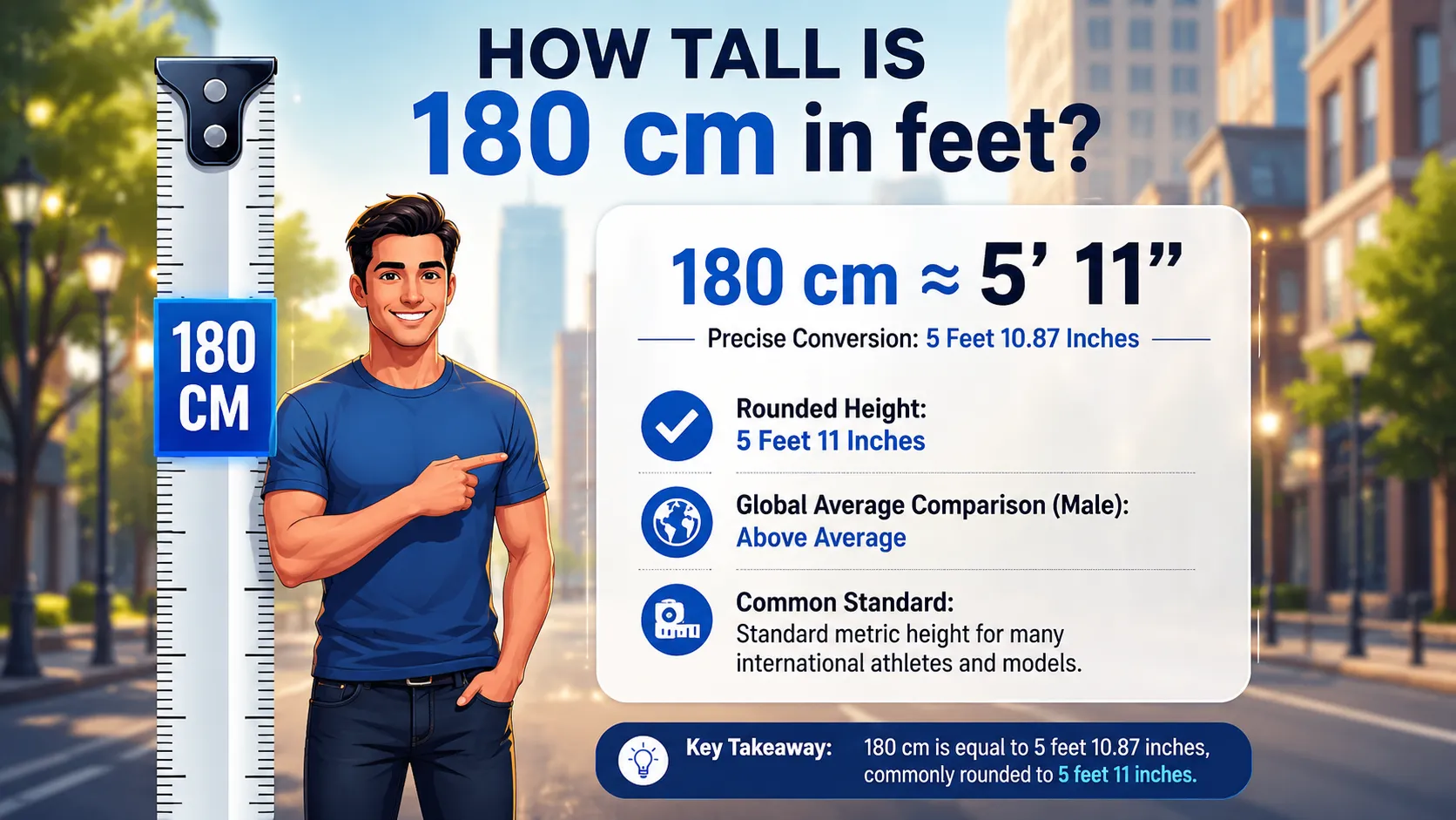 How tall is 180 cm in feet? Infographic showing 180 cm equals 5 feet 10.87 inches, commonly rounded to 5 feet 11 inches.
