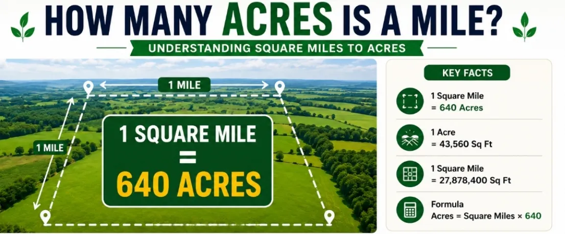 How many acres are in a square mile infographic showing 1 square mile equals 640 acres