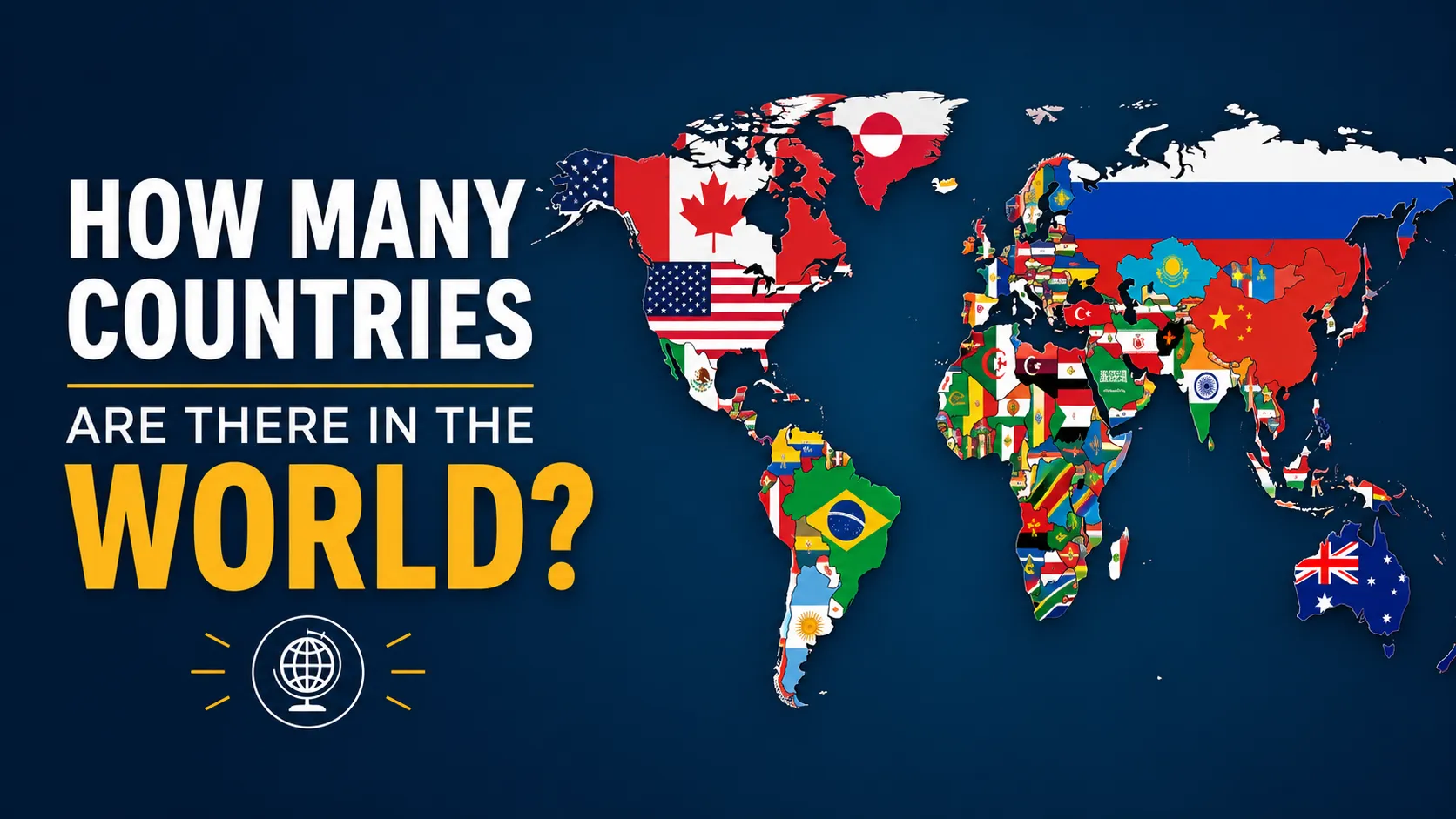 World map made of country flags with the title How Many Countries Are There in the World on a blue background.