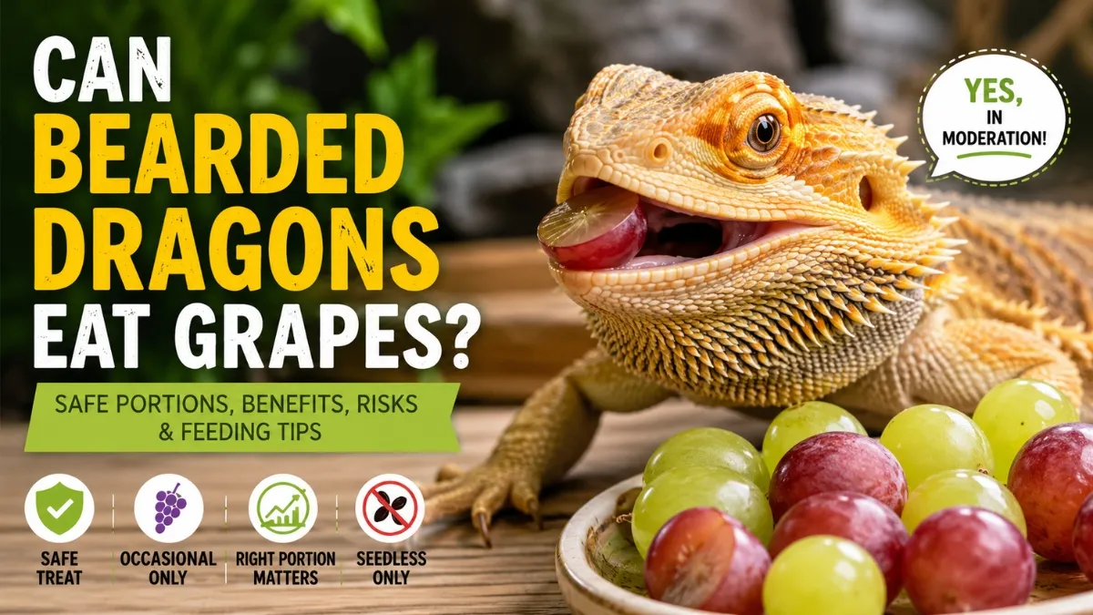 Bearded dragon eating a quartered grape beside fresh green and red grapes, illustrating safe grape feeding in moderation.