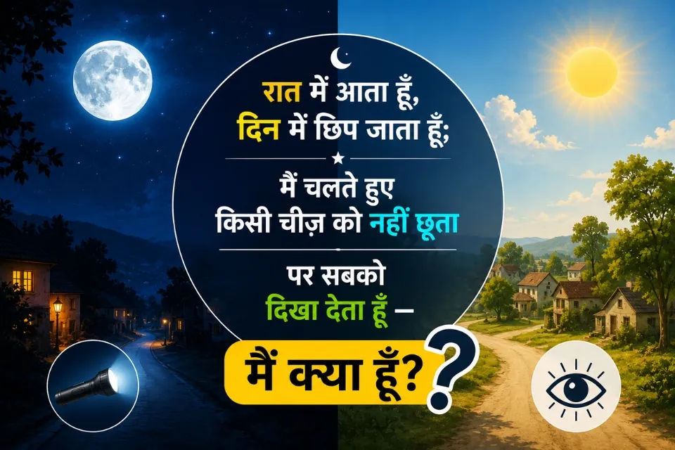 रात और दिन के दृश्य के साथ प्रस्तुत हिन्दी पहेली का चित्र, जिसमें चाँद, सूरज और प्रश्नचिह्न के माध्यम से उत्तर का अनुमान लगाने का संकेत दिया गया है।