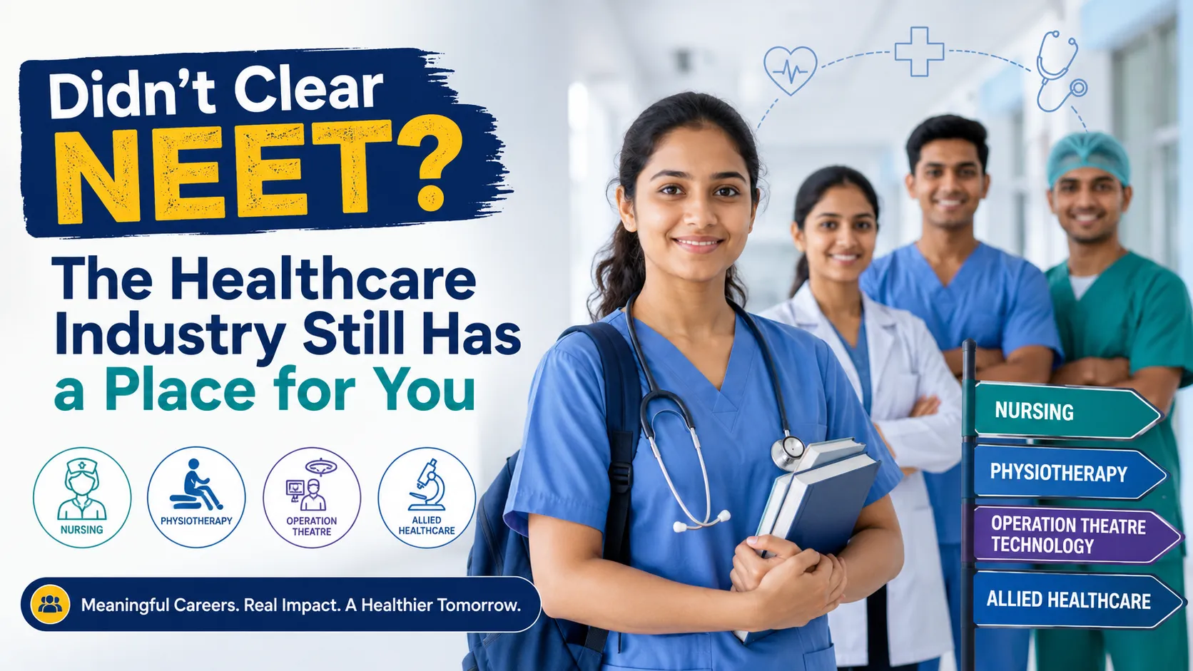Group of young healthcare professionals, including nurses and allied health workers, standing confidently in a modern hospital corridor, representing diverse career opportunities in healthcare beyond NEET.