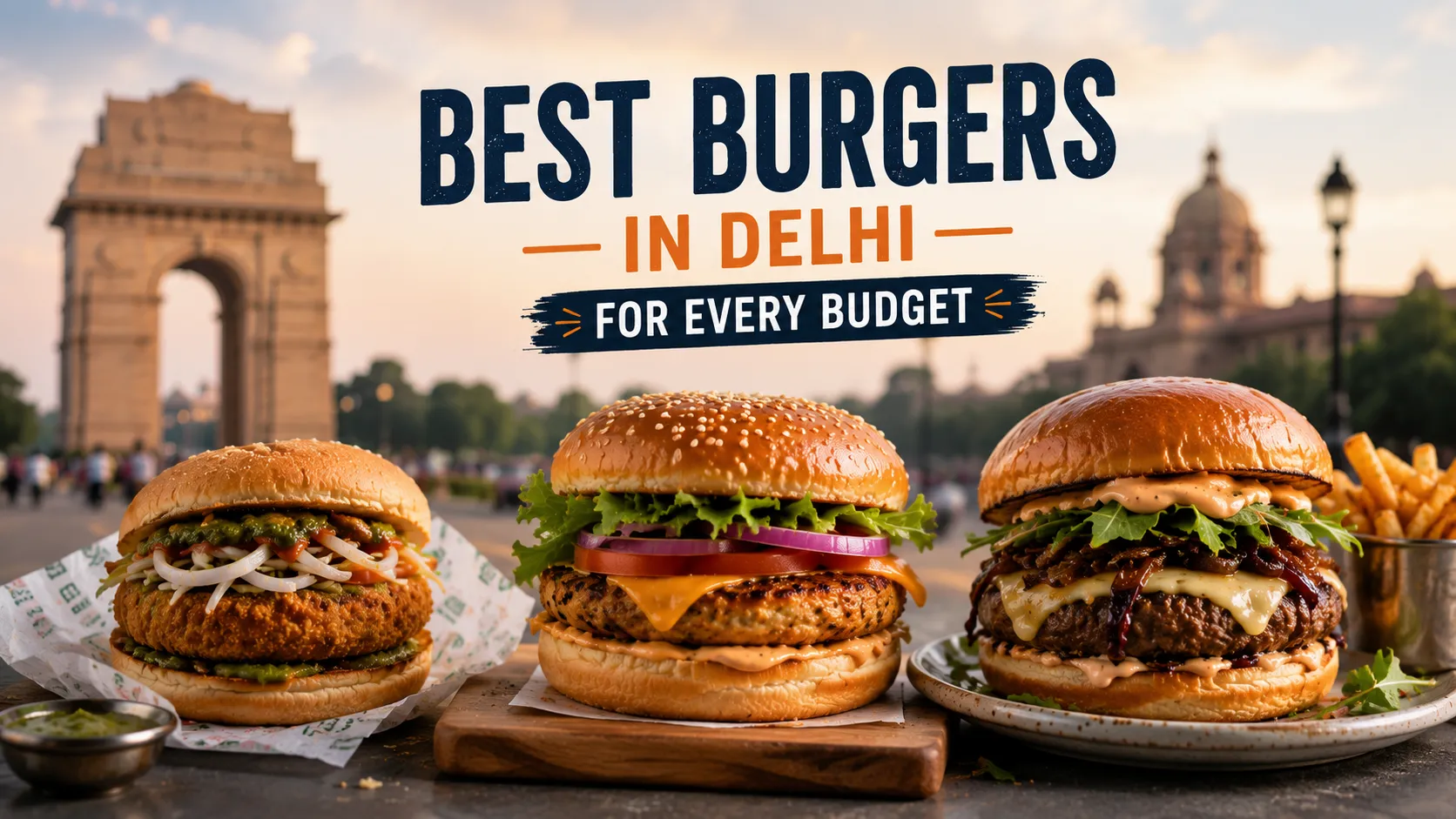 Three appetizing burgers representing budget, fast-food, and gourmet styles are displayed against a blurred Delhi skyline with India Gate, highlighting the city's diverse burger options for every budget.