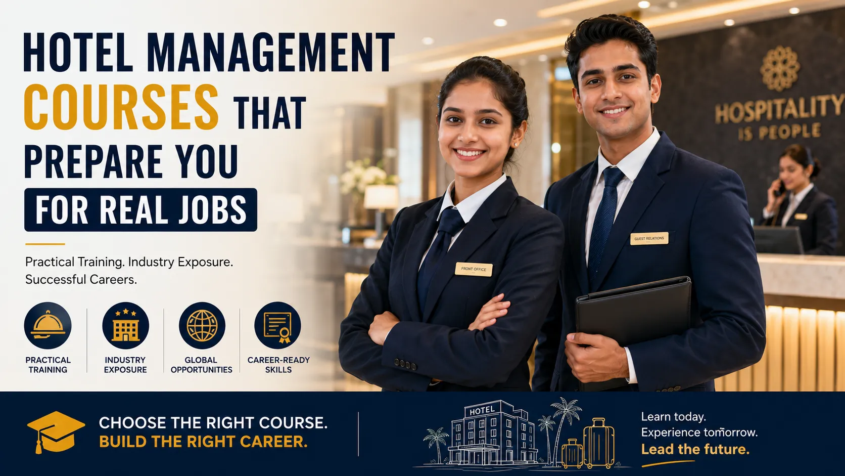 Two hospitality students in professional uniforms standing in a luxury hotel lobby, representing practical hotel management courses with industry training, internships, and career-ready skills.