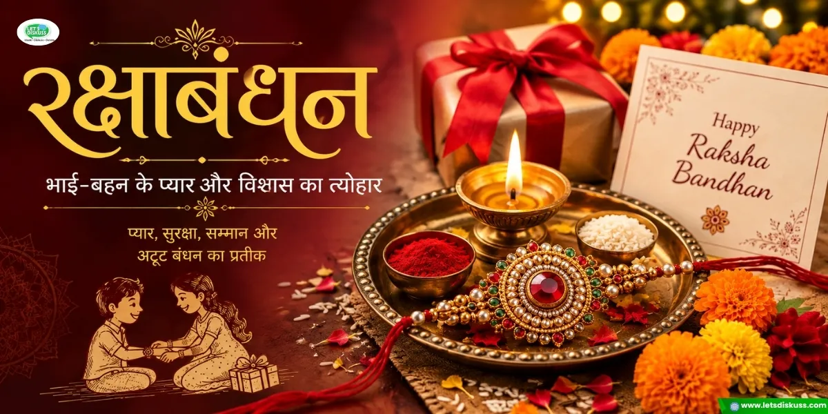 रक्षाबंधन के त्योहार पर राखी, दीपक, मिठाई और पूजा सामग्री से सजी पारंपरिक थाली