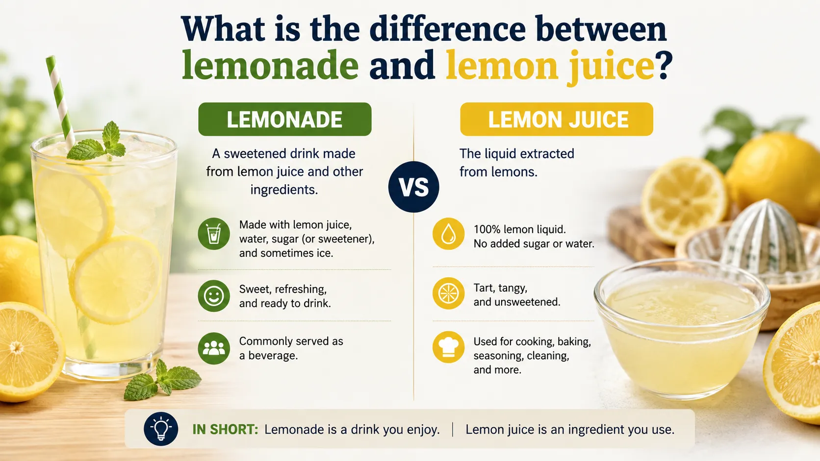 Educational infographic comparing lemonade and lemon juice. The left side shows a glass of sweetened lemonade made with lemon juice, water, and sugar, while the right side shows pure lemon juice, described as tart and unsweetened and commonly used for cooking and baking. The main takeaway is that lemonade is a beverage, while lemon juice is an ingredient.