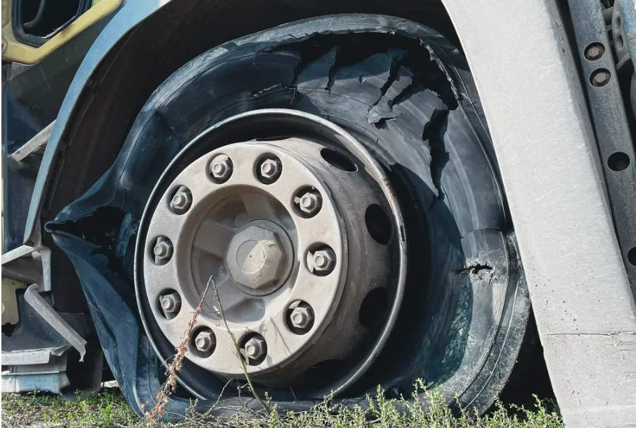 Truck with damaged tire and brake system illustrating how mechanical failures can lead to serious road accidents.