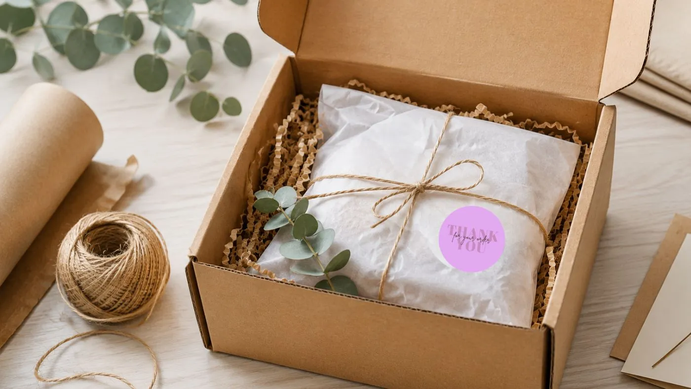 Small business unboxing experience with neatly packed product, tissue paper, thank-you card, branded sticker, and eco-friendly shipping box.