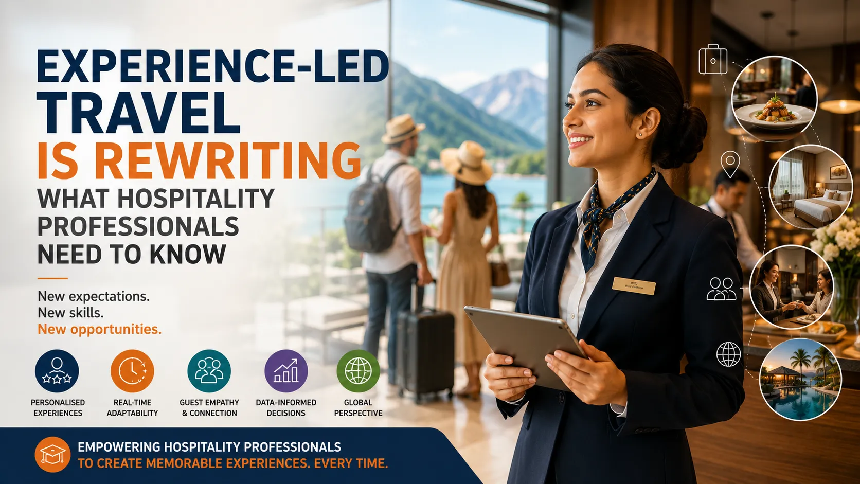 A smiling hotel receptionist welcomes guests at a modern luxury resort, symbolizing the shift toward experience-led travel and the growing importance of personalized hospitality and guest engagement.