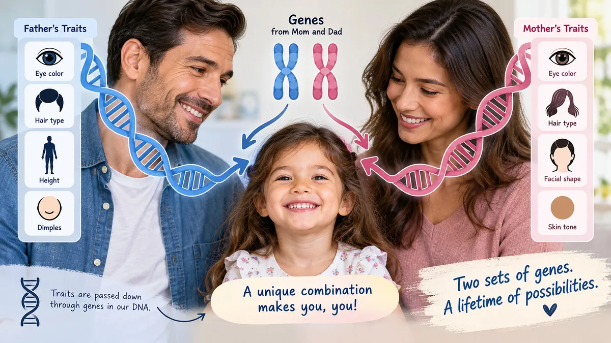 A diagram showing how a child inherits characteristics from both parents through genes carried on chromosomes. Half of the child’s genetic material comes from the mother and half from the father, influencing traits such as eye color, hair type, height, and blood group.