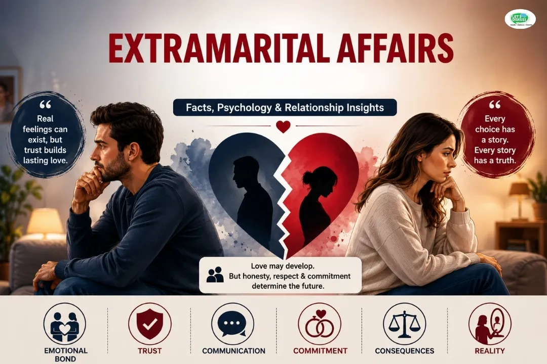 extramarital affairs be true love? Infographic explaining love, trust, communication, commitment, and relationship consequences.
