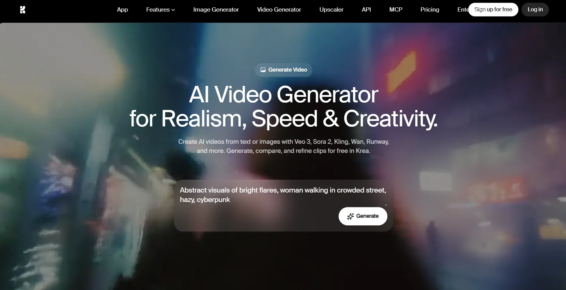 Krea.ai AI text-to-video generator interface for creating video clips from text prompts