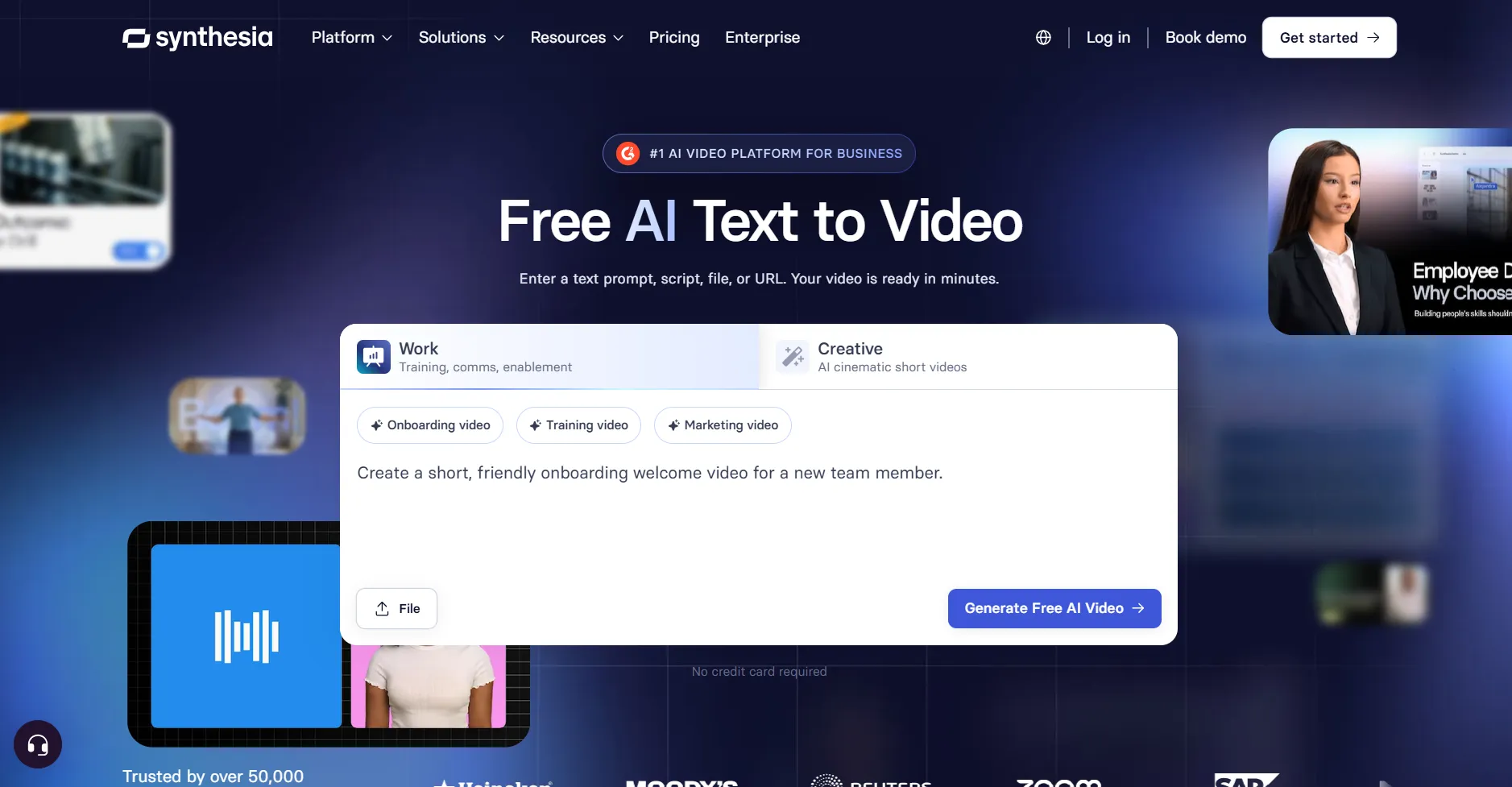Synthesia AI video platform with virtual avatar generating a video from a written script