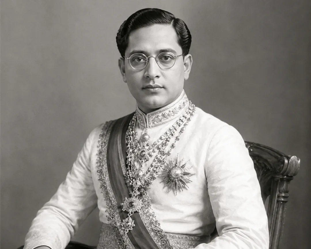 Portrait of Maharaja Bir Bikram in traditional royal attire, seated with a dignified expression against a simple background.