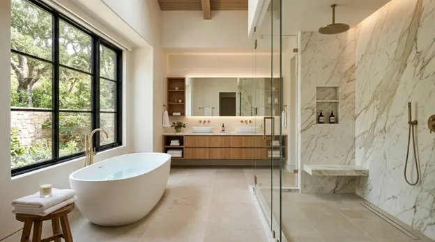 Walk-in shower and bathtub in a modern Palo Alto bathroom, highlighting the differences in accessibility, space, and design.