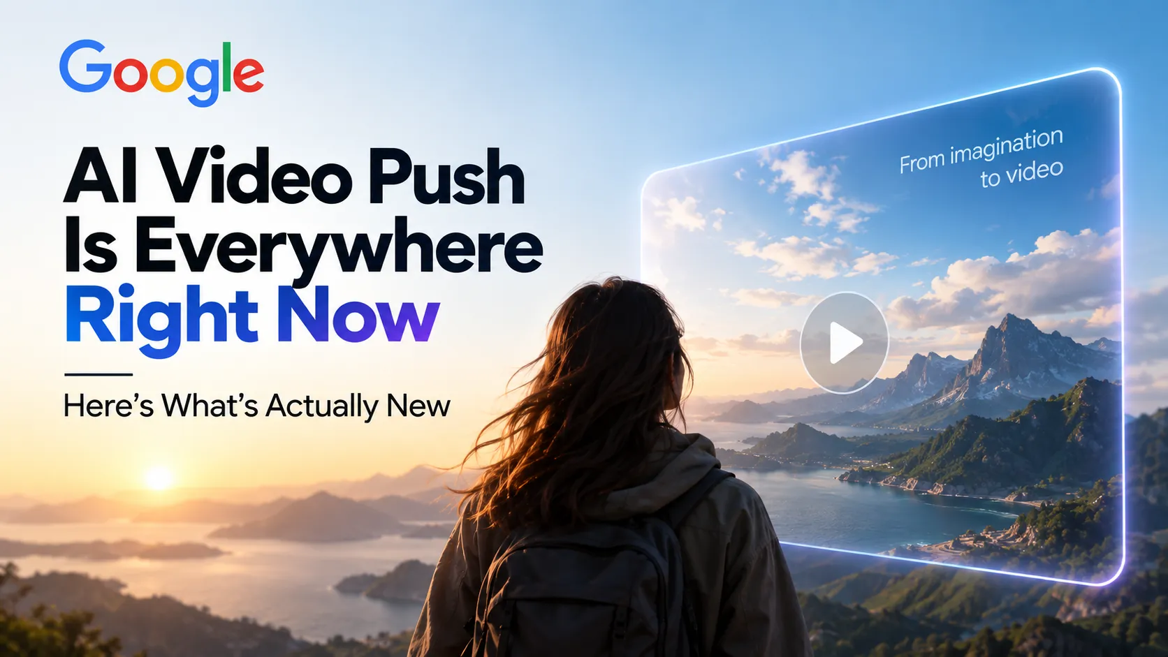 Google AI video tools showcased with a cinematic landscape, highlighting AI video generation and Veo technology.