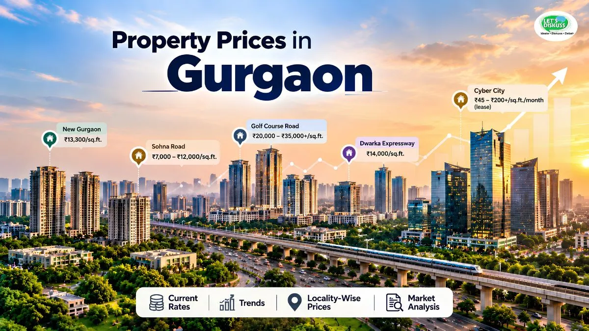 Gurgaon property market showing residential and commercial buildings, with a visual representation of property prices, locality-wise rates, and real estate trends in Gurugram.