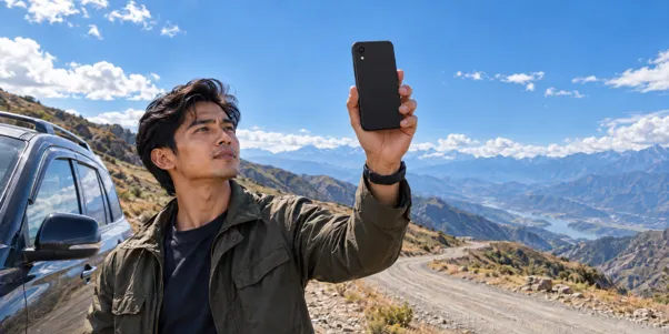 Man holding phone beside car on a mountain road