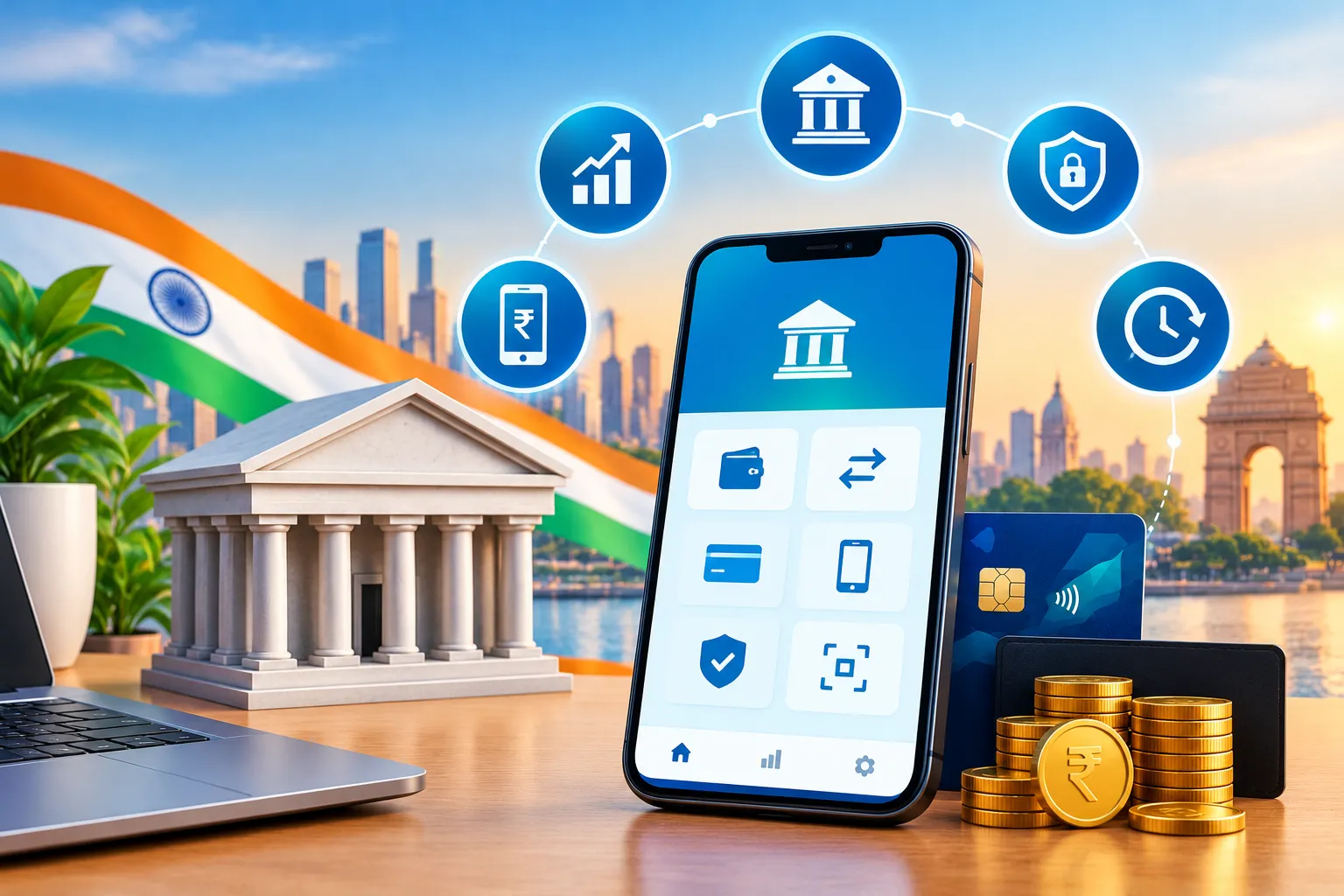 Digital banking in India showing mobile banking, online transactions, UPI payments, and digital financial services.